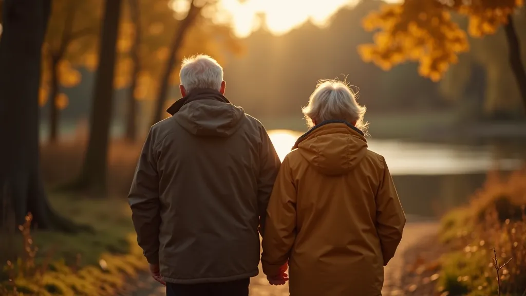 Seniori staigā pa mežainu ceļu Rāznas ezera krastā, rudens lapas, saulaini laikapstākļi