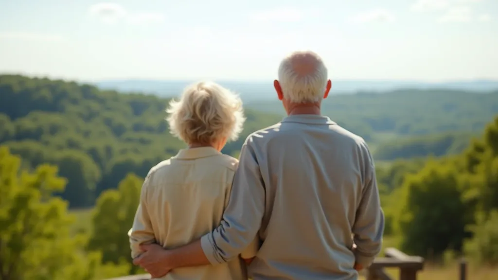Senioru pāris stāv virsotnes skatu punktā, priecīgi skatās uz panorāmu