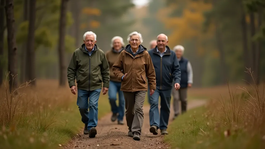 Senioru grupa iet pēc pastaigas ceļa, vidējā sekcija ir vidējais sniegulis