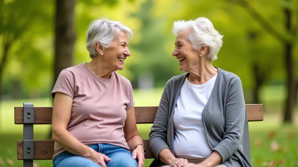 Divas senioras sēž uz beku, rūpīgi klausās viena otra un sasmīd